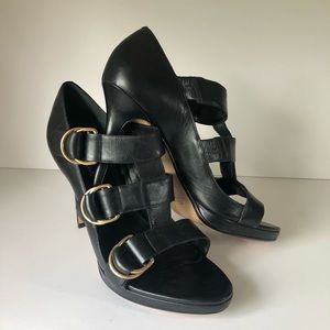 Cole Haan black leather pump heels with 3 buckles